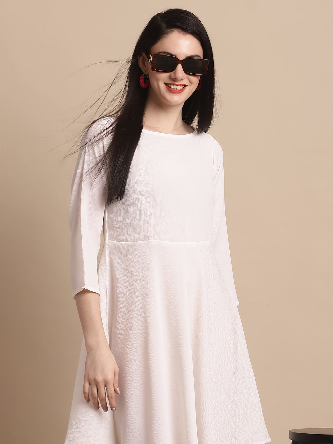 Jainish Women's White Solid A-Line Dress | Grocsy