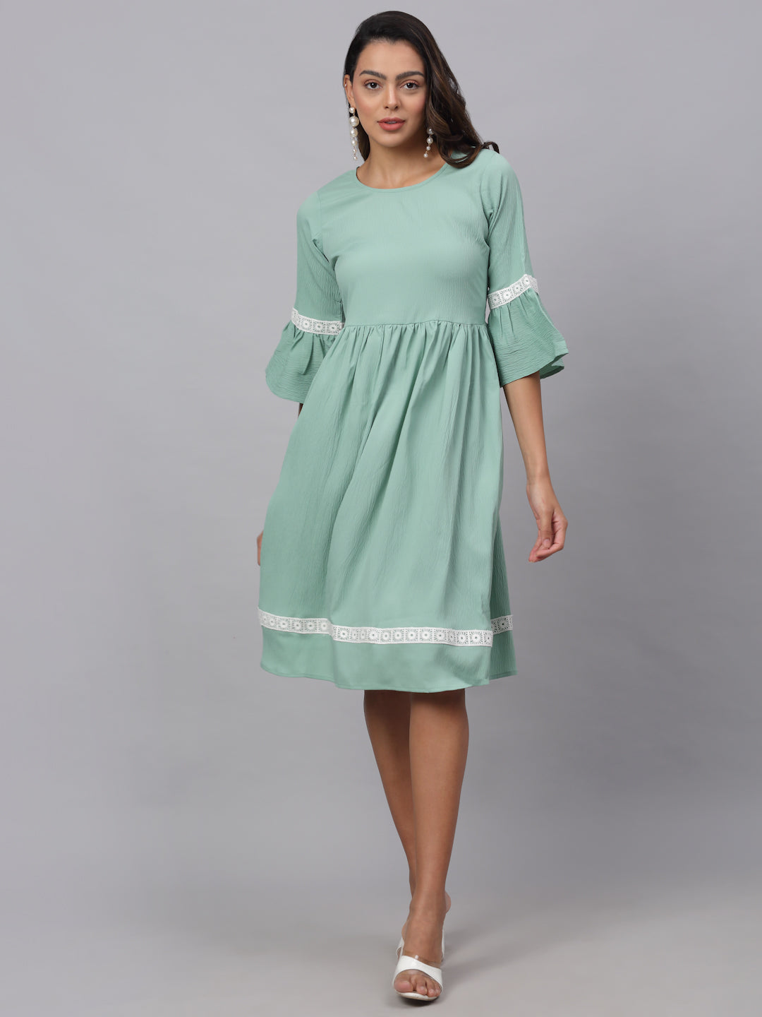 Jainish Women's Green Solid Fit & Flare Dress | Grocsy