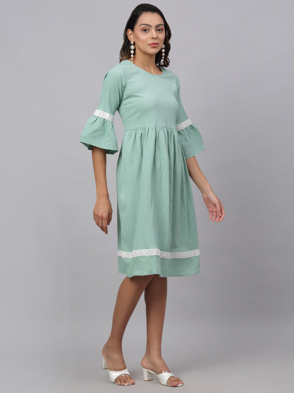 Jainish Women's Green Solid Fit & Flare Dress | Grocsy