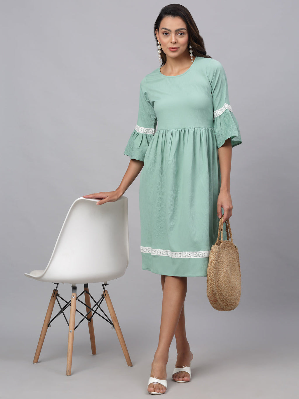 Jainish Women's Green Solid Fit & Flare Dress | Grocsy
