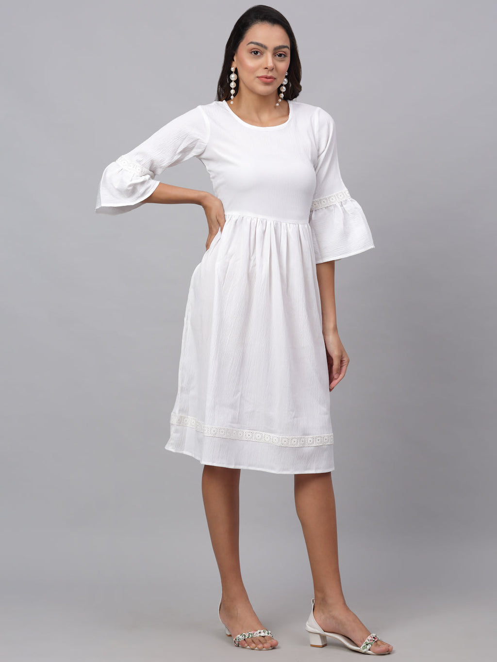 Jainish Women's White Solid Fit & Flare Dress | Grocsy