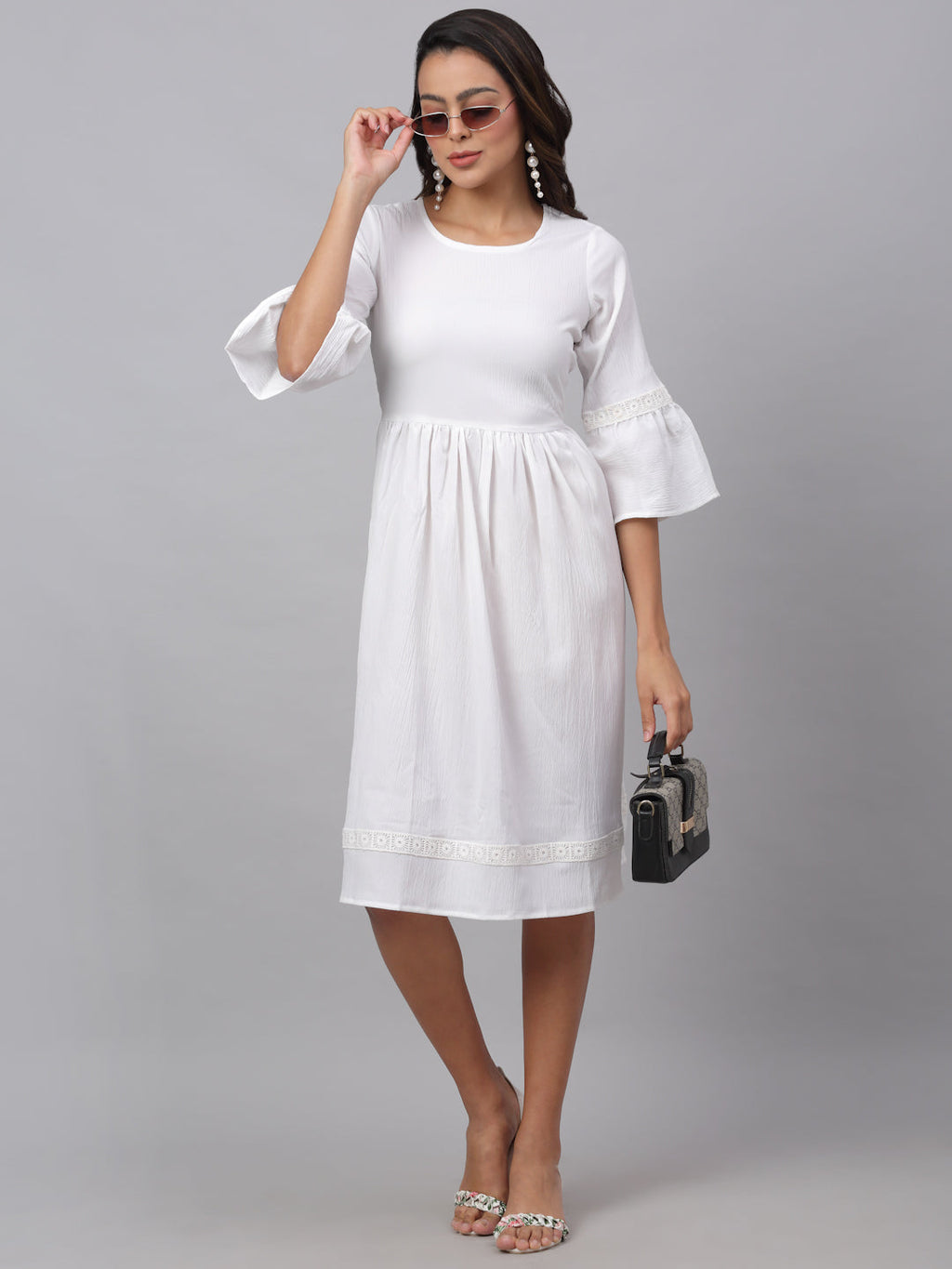 Jainish Women's White Solid Fit & Flare Dress | Grocsy