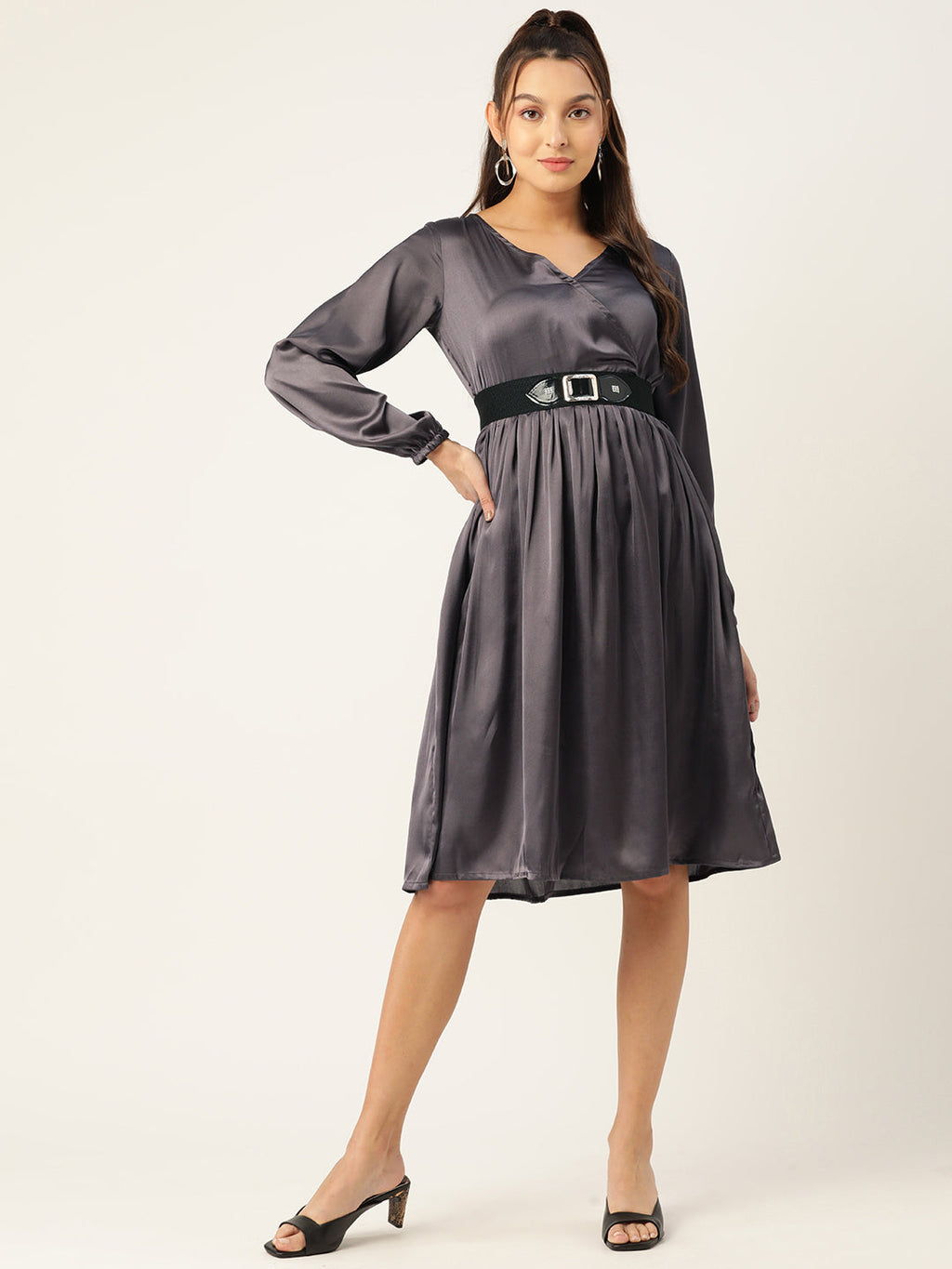Jompers Women's Puff Sleeves Satin Wrap Dress with Belt - Charcoal | Grocsy