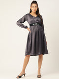 Jompers Women's Puff Sleeves Satin Wrap Dress with Belt - Charcoal | Grocsy