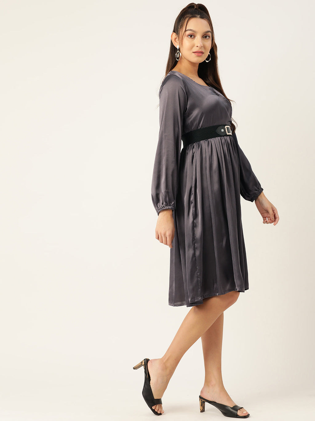 Jompers Women's Puff Sleeves Satin Wrap Dress with Belt - Charcoal | Grocsy