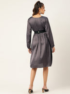 Jompers Women's Puff Sleeves Satin Wrap Dress with Belt - Charcoal | Grocsy