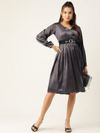 Jompers Women's Puff Sleeves Satin Wrap Dress with Belt - Charcoal | Grocsy