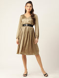 Jompers Women's Puff Sleeves Satin Wrap Dress with Belt - Golden | Grocsy