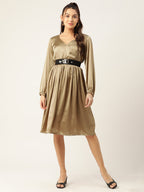 Jompers Women's Puff Sleeves Satin Wrap Dress with Belt - Golden | Grocsy