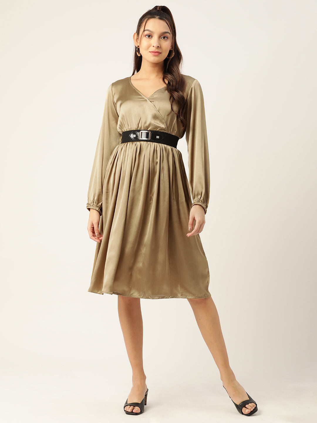 Jompers Women's Puff Sleeves Satin Wrap Dress with Belt - Golden | Grocsy