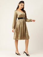 Jompers Women's Puff Sleeves Satin Wrap Dress with Belt - Golden | Grocsy