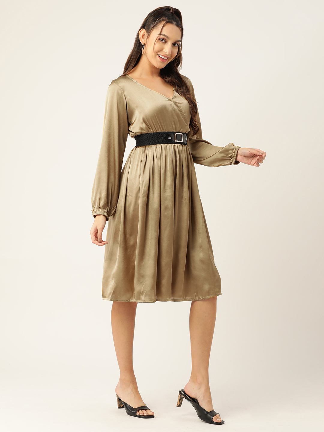 Jompers Women's Puff Sleeves Satin Wrap Dress with Belt - Golden | Grocsy