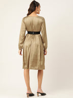 Jompers Women's Puff Sleeves Satin Wrap Dress with Belt - Golden | Grocsy