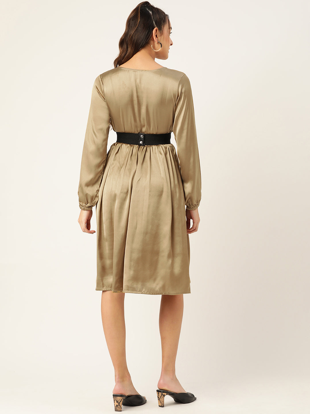 Jompers Women's Puff Sleeves Satin Wrap Dress with Belt - Golden | Grocsy
