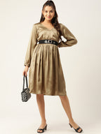 Jompers Women's Puff Sleeves Satin Wrap Dress with Belt - Golden | Grocsy