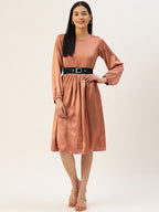Jainish Women's Peach-Coloured Satin Dress with Belt | Grocsy