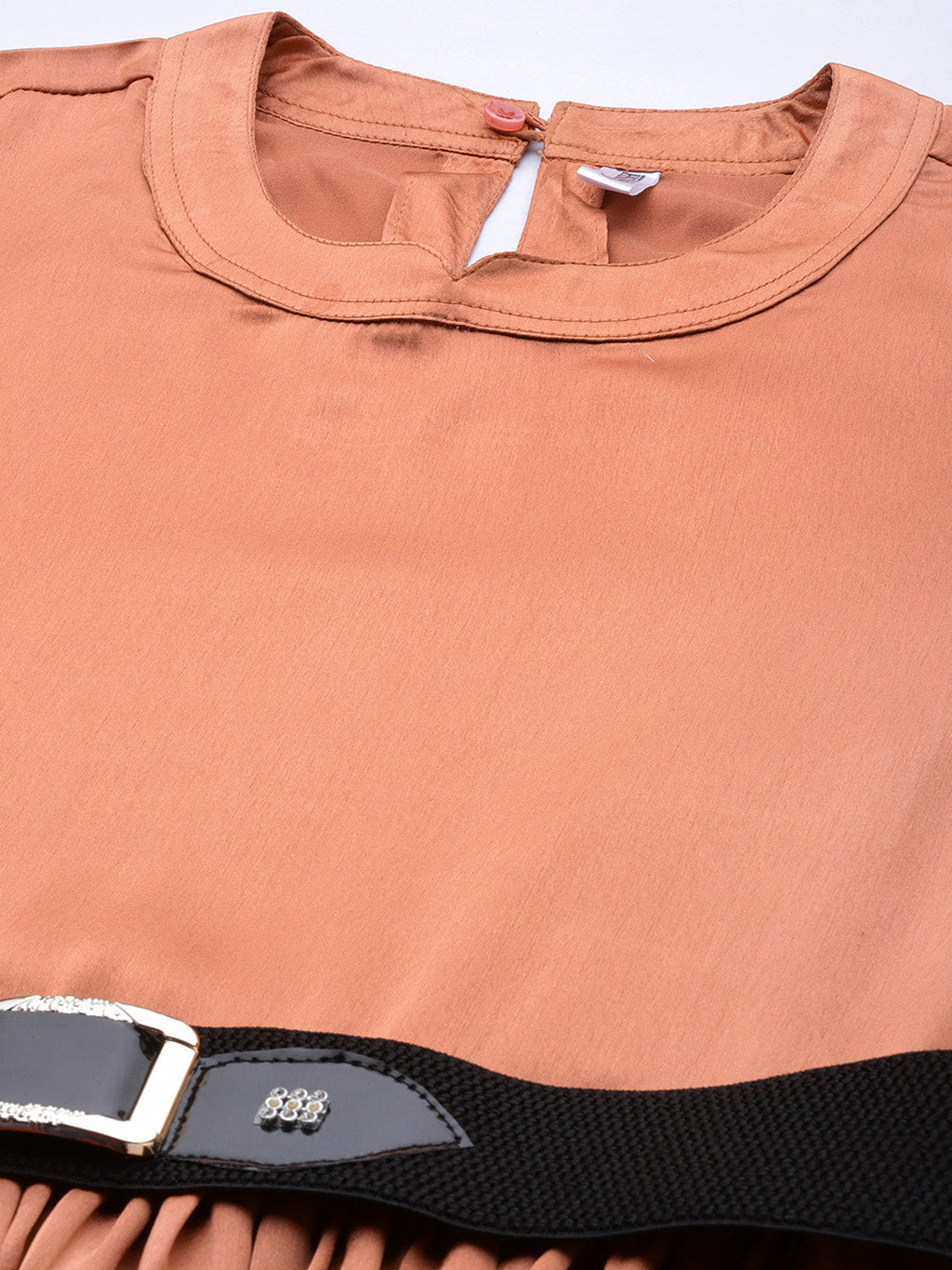 Jainish Women's Peach-Coloured Satin Dress with Belt | Grocsy