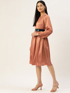 Jainish Women's Peach-Coloured Satin Dress with Belt | Grocsy