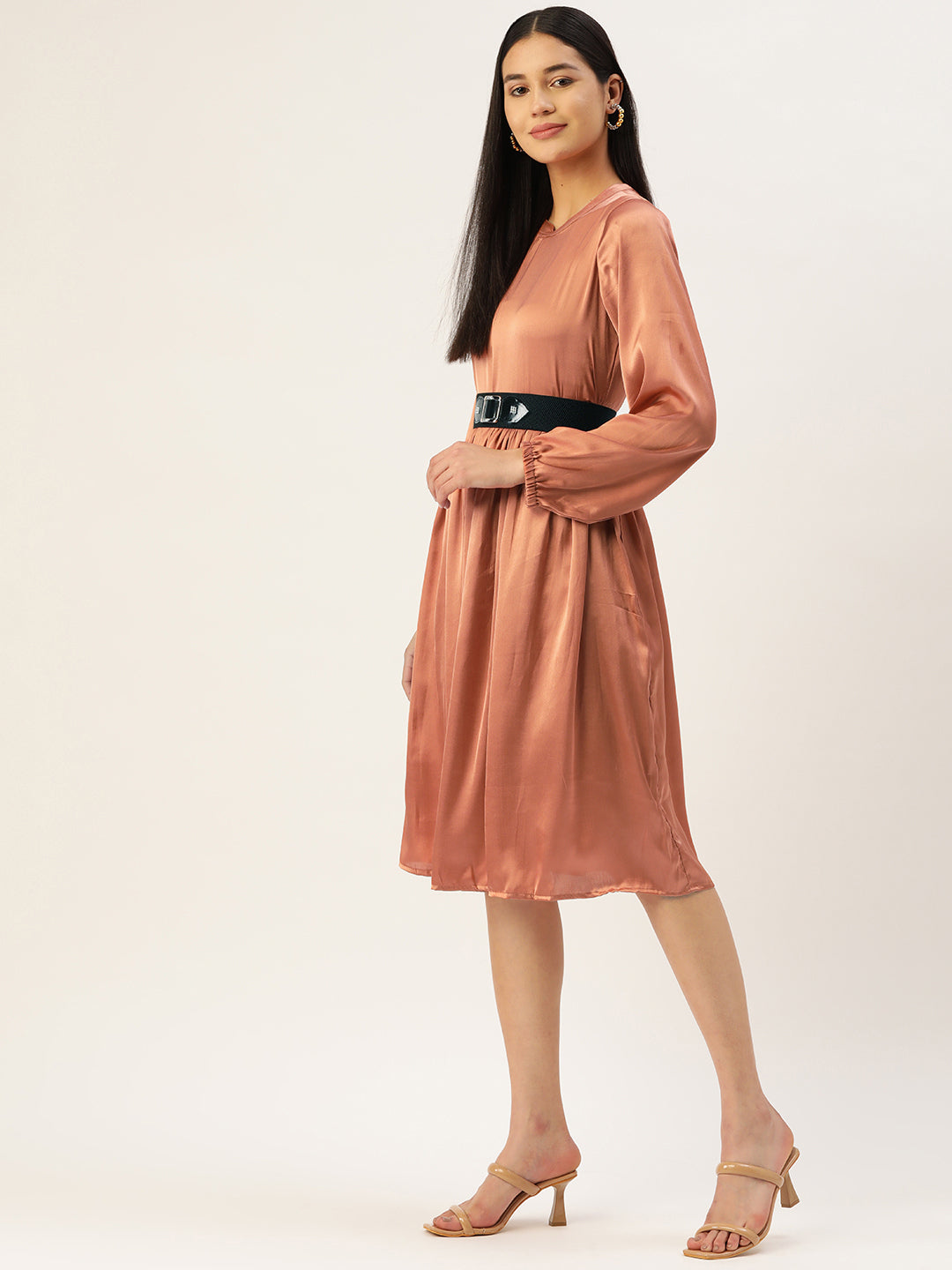 Jainish Women's Peach-Coloured Satin Dress with Belt | Grocsy