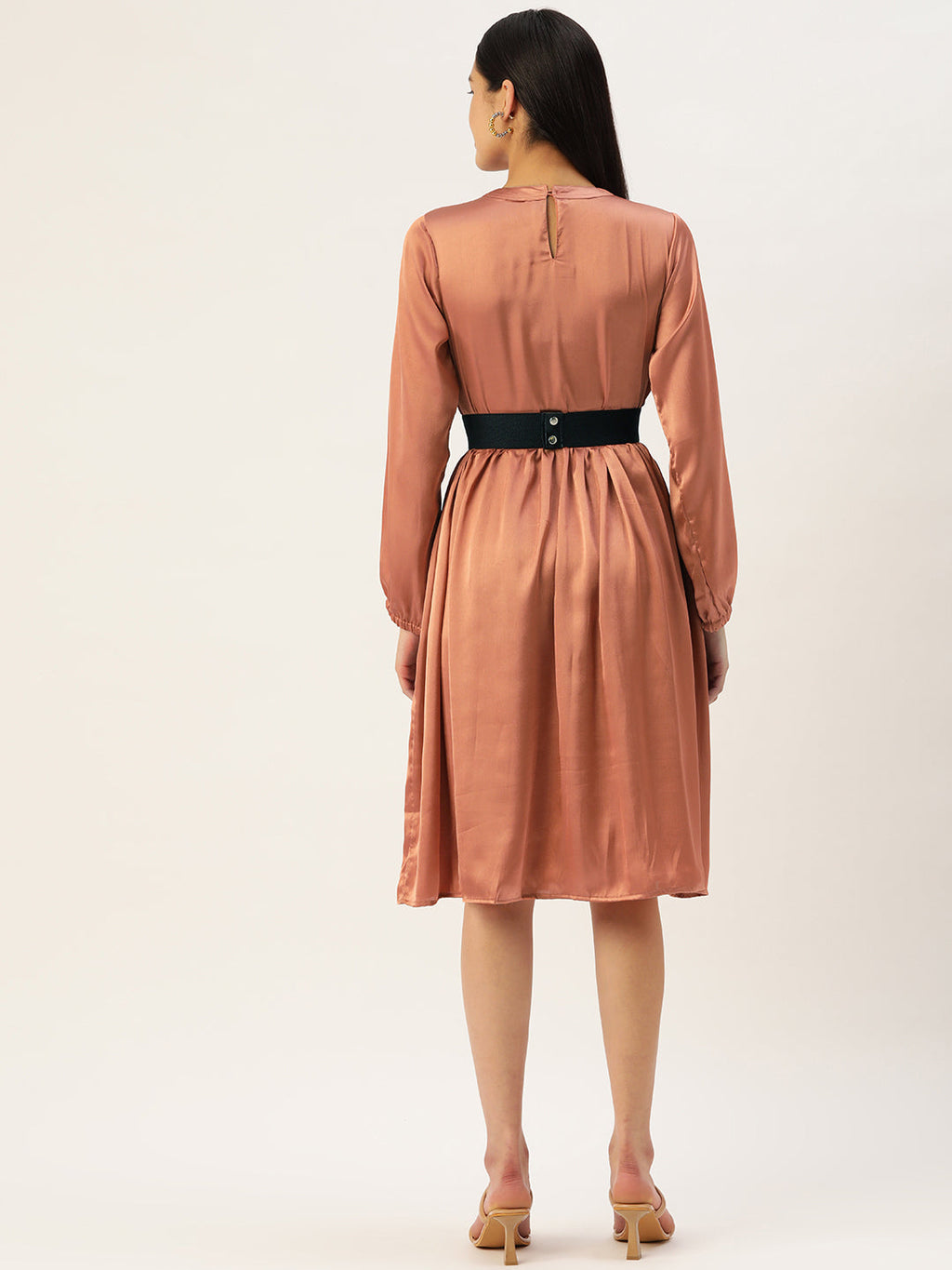 Jainish Women's Peach-Coloured Satin Dress with Belt | Grocsy