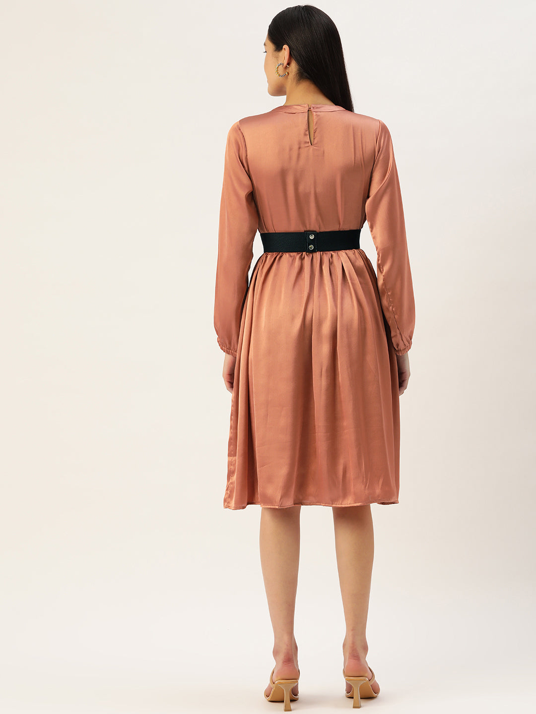 Jainish Women's Peach-Coloured Satin Dress with Belt | Grocsy