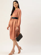 Jainish Women's Peach-Coloured Satin Dress with Belt | Grocsy