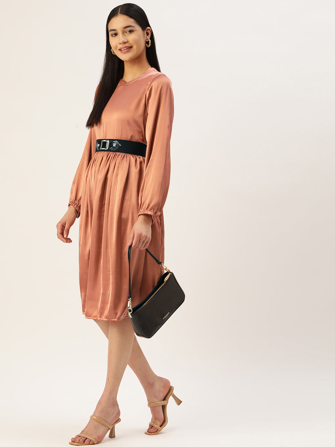 Jainish Women's Peach-Coloured Satin Dress with Belt | Grocsy