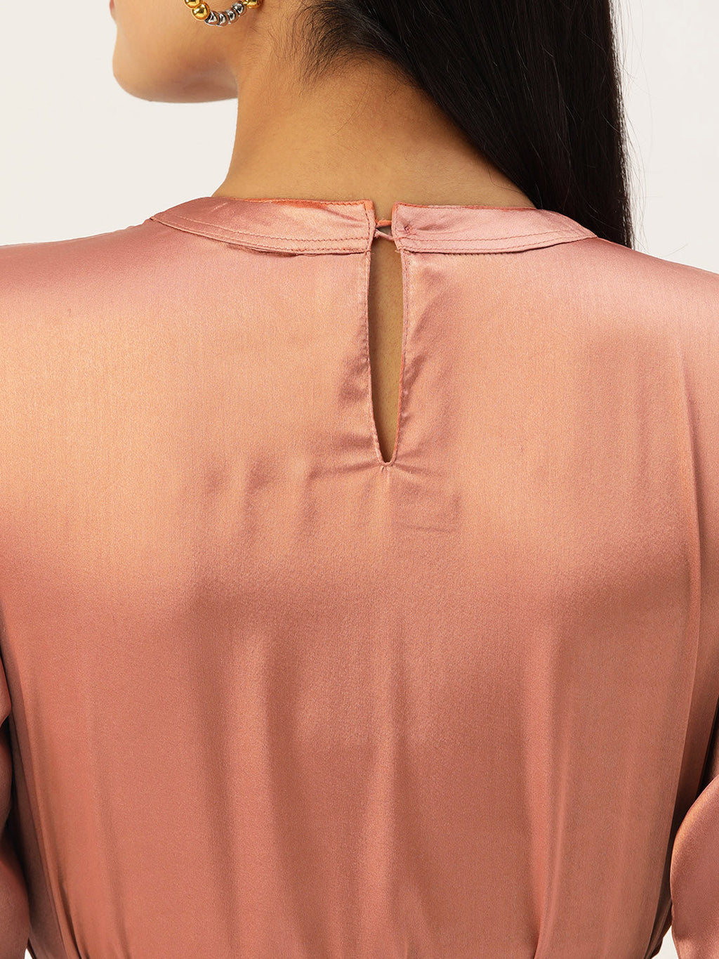 Jainish Women's Peach-Coloured Satin Dress with Belt | Grocsy