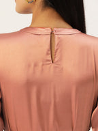 Jainish Women's Peach-Coloured Satin Dress with Belt | Grocsy