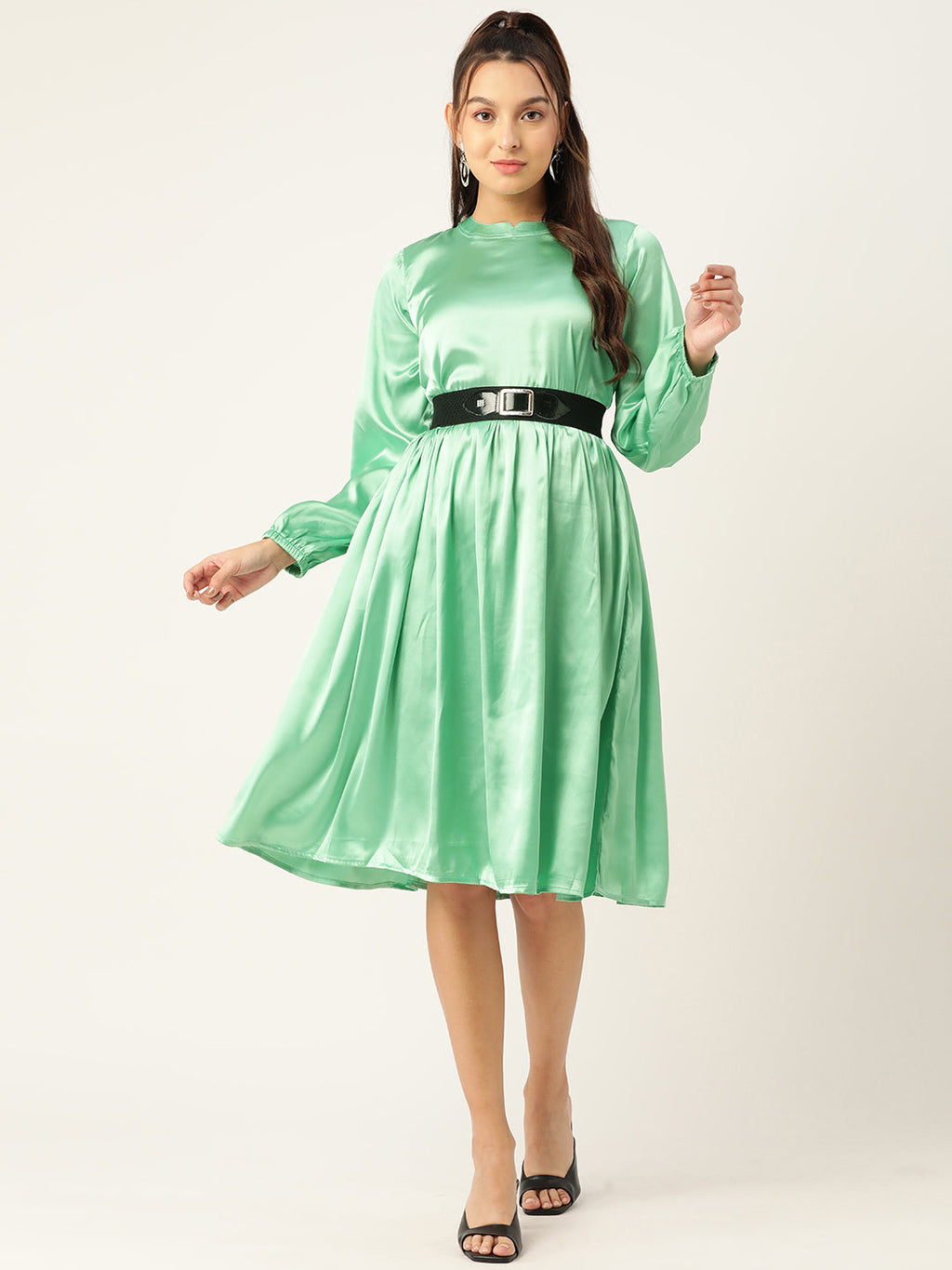 Jainish Women's Green-Coloured Satin Dress with Belt | Grocsy
