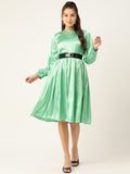 Jainish Women's Green-Coloured Satin Dress with Belt | Grocsy