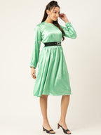 Jainish Women's Green-Coloured Satin Dress with Belt | Grocsy