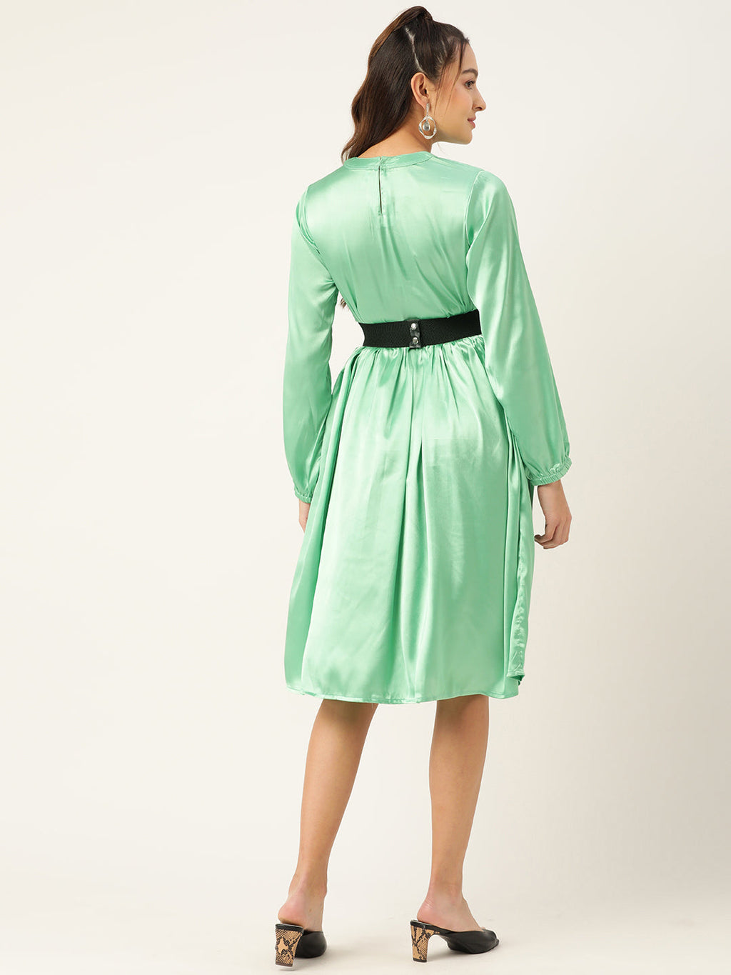 Jainish Women's Green-Coloured Satin Dress with Belt | Grocsy