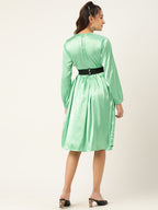 Jainish Women's Green-Coloured Satin Dress with Belt | Grocsy