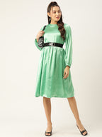 Jainish Women's Green-Coloured Satin Dress with Belt | Grocsy