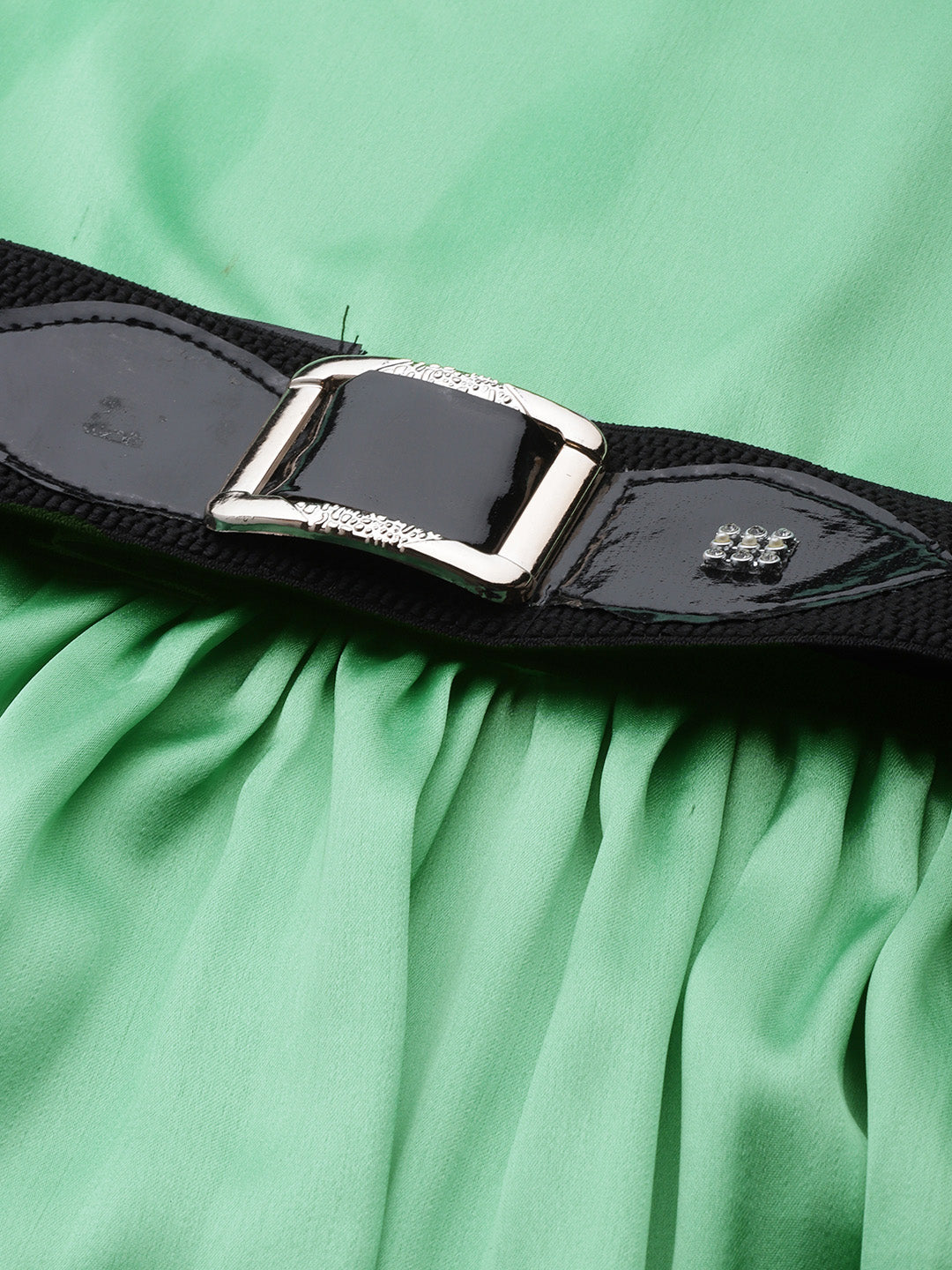 Jainish Women's Green-Coloured Satin Dress with Belt | Grocsy