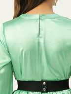 Jainish Women's Green-Coloured Satin Dress with Belt | Grocsy