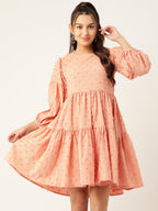 Jainish Women's Georgette Puff Sleeves Tiered Dress - Peach | Grocsy