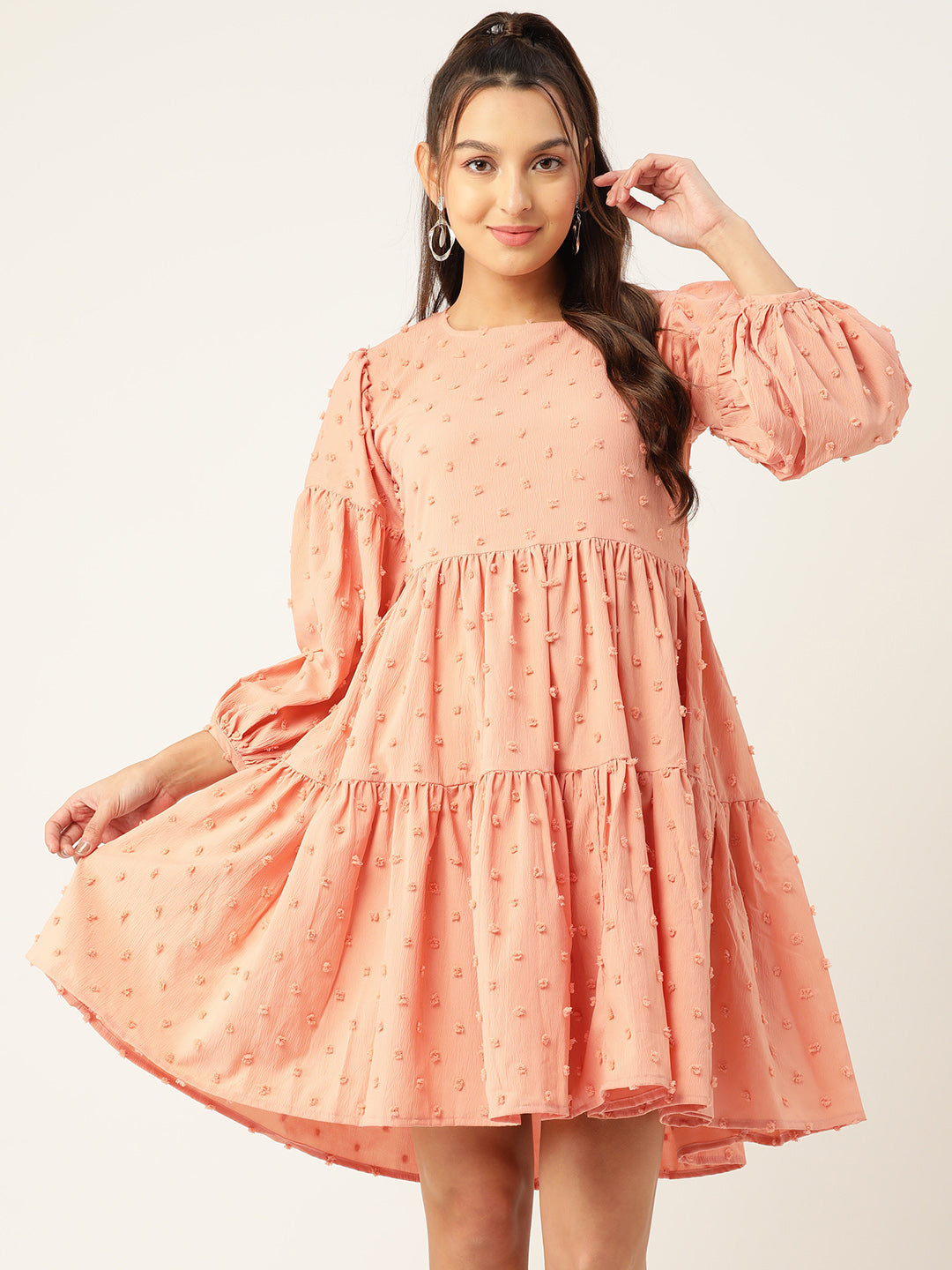 Jainish Women's Georgette Puff Sleeves Tiered Dress - Peach | Grocsy