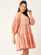 Jainish Women's Georgette Puff Sleeves Tiered Dress - Peach | Grocsy