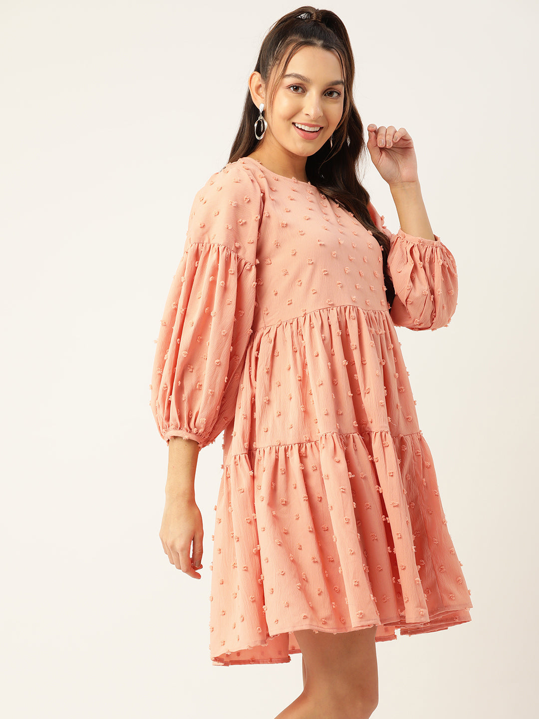 Jainish Women's Georgette Puff Sleeves Tiered Dress - Peach | Grocsy