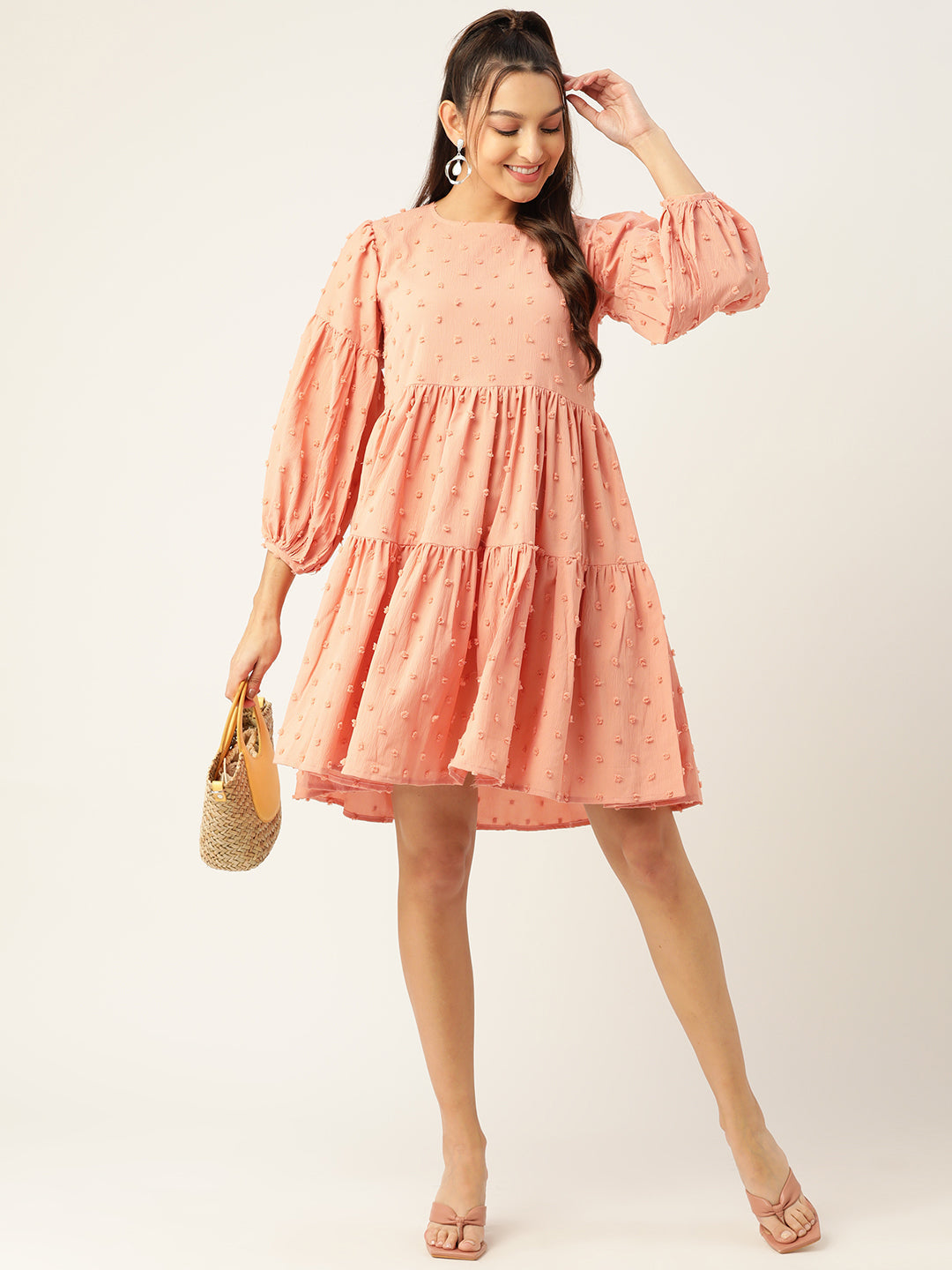 Jainish Women's Georgette Puff Sleeves Tiered Dress - Peach | Grocsy
