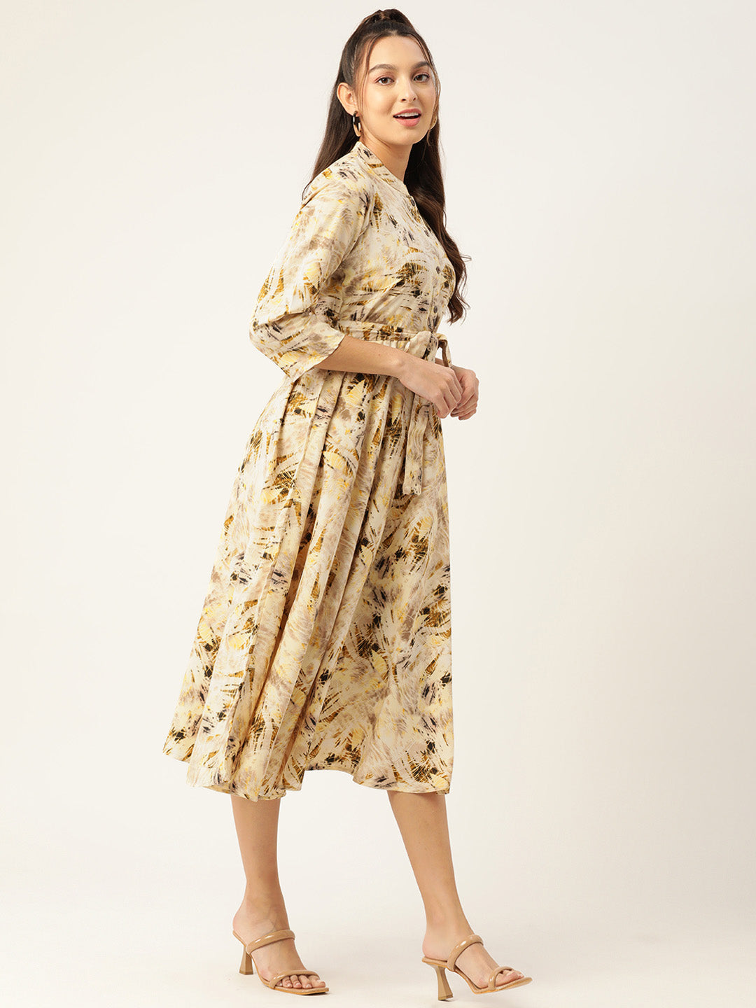Jainish Women's Abstract Printed Crepe Shirt Collar Maxi Dress with Belt - Cream | Grocsy