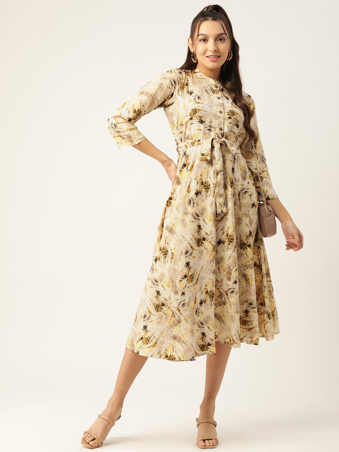 Jainish Women's Abstract Printed Crepe Shirt Collar Maxi Dress with Belt - Cream | Grocsy