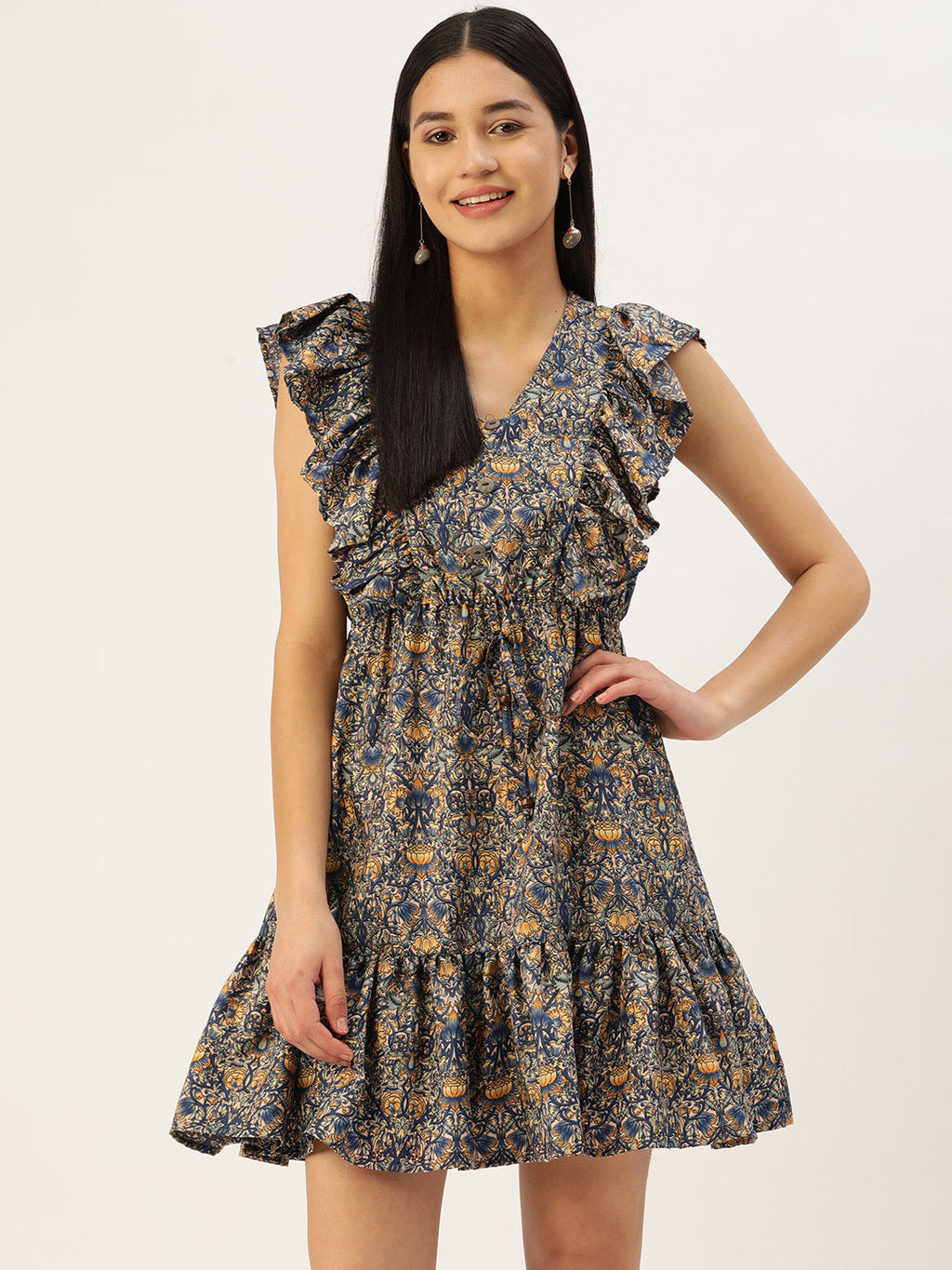 Jainish Women's Printed Tiered Dress with frills - Blue | Grocsy