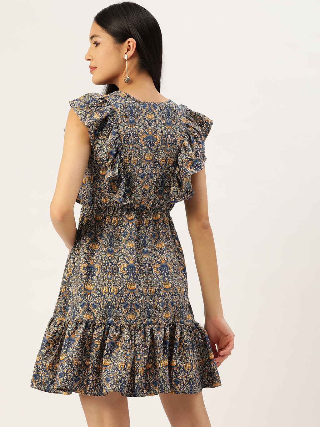 Jainish Women's Printed Tiered Dress with frills - Blue | Grocsy