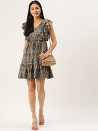 Jainish Women's Printed Tiered Dress with frills - Blue | Grocsy