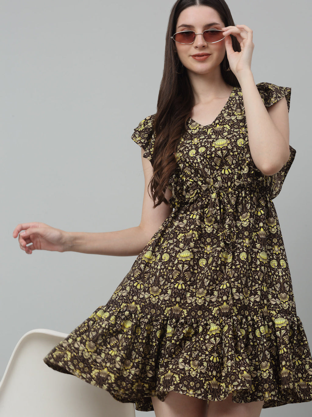 Jainish Women's WoPrinted Tiered Dress with frills - Coffee | Grocsy