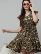Jainish Women's WoPrinted Tiered Dress with frills - Coffee | Grocsy