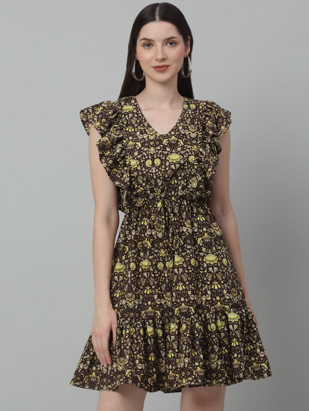 Jainish Women's WoPrinted Tiered Dress with frills - Coffee | Grocsy